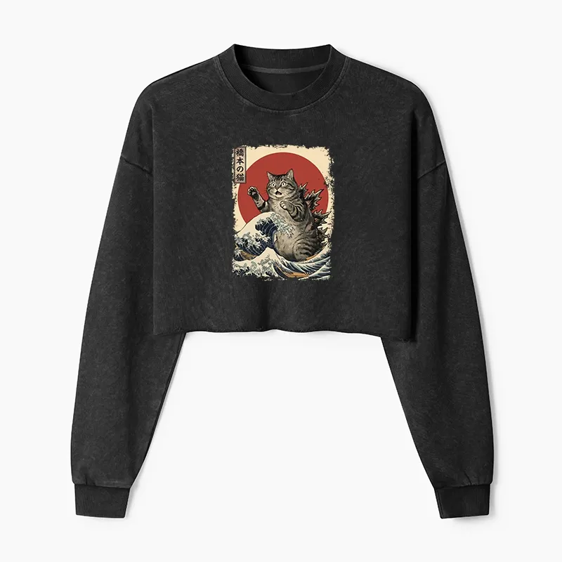 Tokyo-Tiger Catzilla Is Causing Destruction Washed Crop Sweatshirt Sale