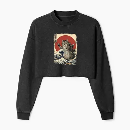 Tokyo-Tiger Catzilla Is Causing Destruction Washed Crop Sweatshirt