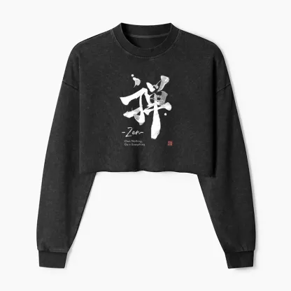 Tokyo-Tiger Zen Texts Washed Crop Sweatshirt