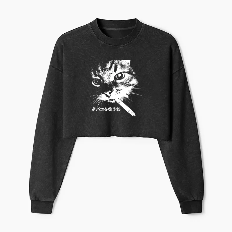 Tokyo-Tiger Retro Cat Smoking Washed Crop Sweatshirt
