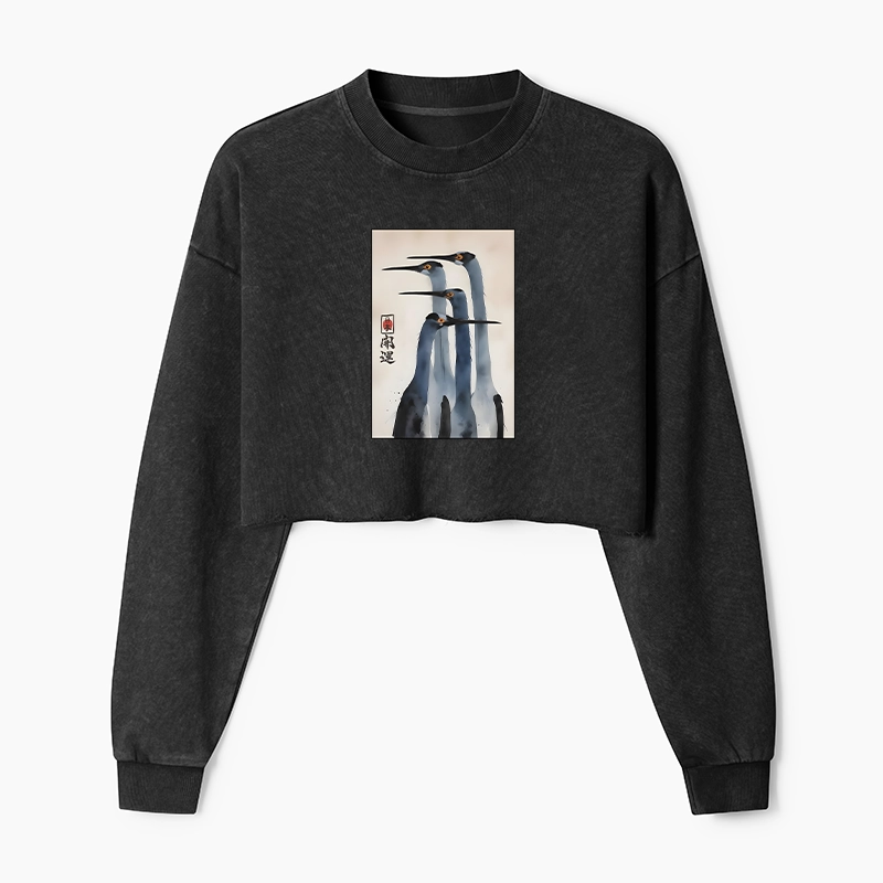 Tokyo-Tiger Retro Sandhill Crane Washed Crop Sweatshirt