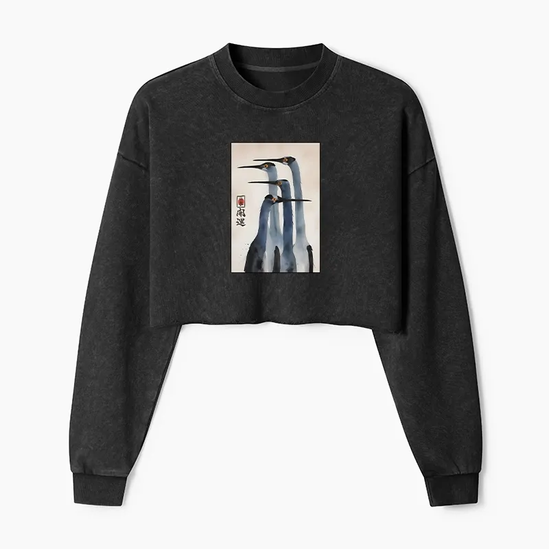 Tokyo-Tiger Retro Sandhill Crane Washed Crop Sweatshirt Sale