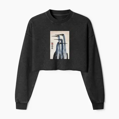 Tokyo-Tiger Retro Sandhill Crane Washed Crop Sweatshirt