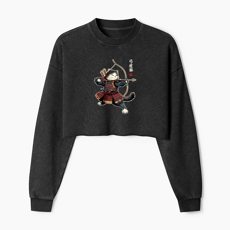 Tokyo-Tiger Kyudo Samurai Cat Washed Crop Sweatshirt