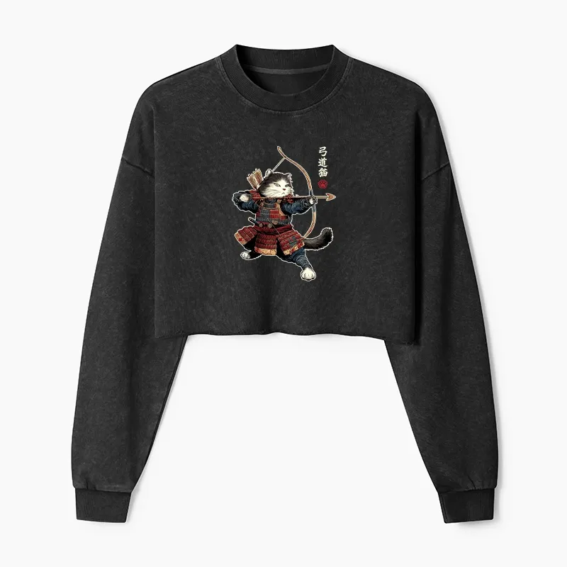 Tokyo-Tiger Kyudo Samurai Cat Washed Crop Sweatshirt