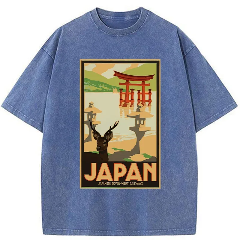 Tokyo-Tiger Japanese Deer And Scenery Washed T-Shirt