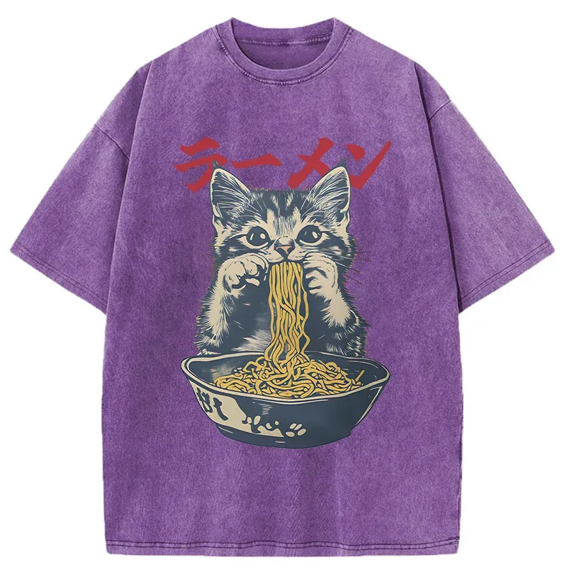 Tokyo-Tiger Cute Cat Is Eating Ramen Washed T-Shirt