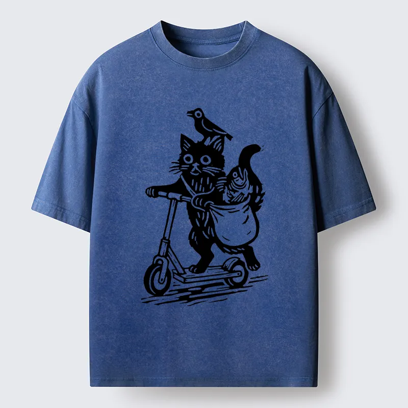 Tokyo-Tiger Cat Skateboarding Washed T-Shirt