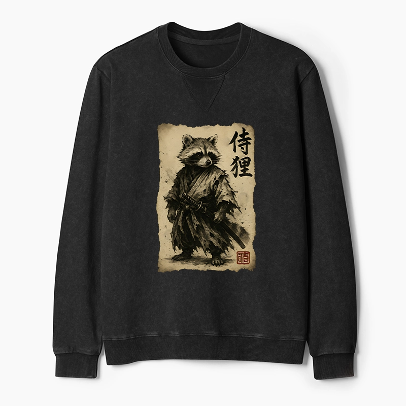 Tokyo-Tiger Retro Raccoon Samurai Washed Terry Sweatshirt