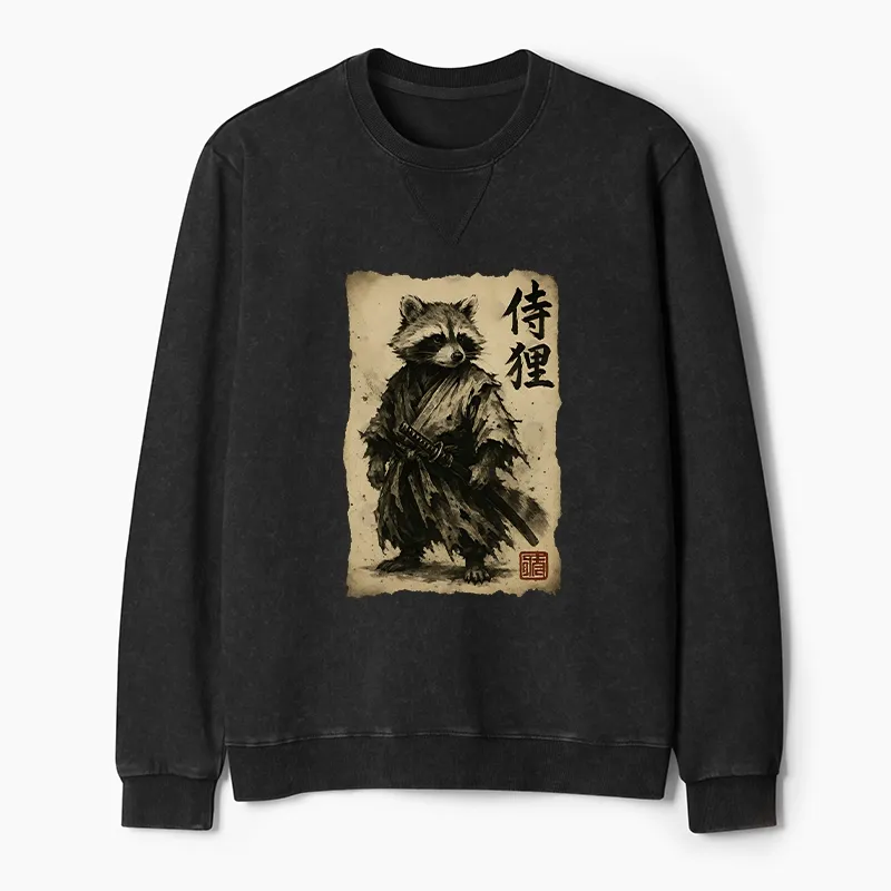 Tokyo-Tiger Retro Raccoon Samurai Washed Terry Sweatshirt Sale