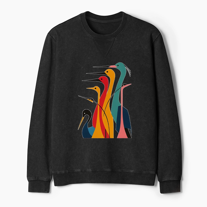 Tokyo-Tiger Various Types Of Cranes Washed Terry Sweatshirt