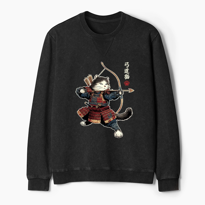 Tokyo-Tiger Kyudo Samurai Cat Washed Terry Sweatshirt