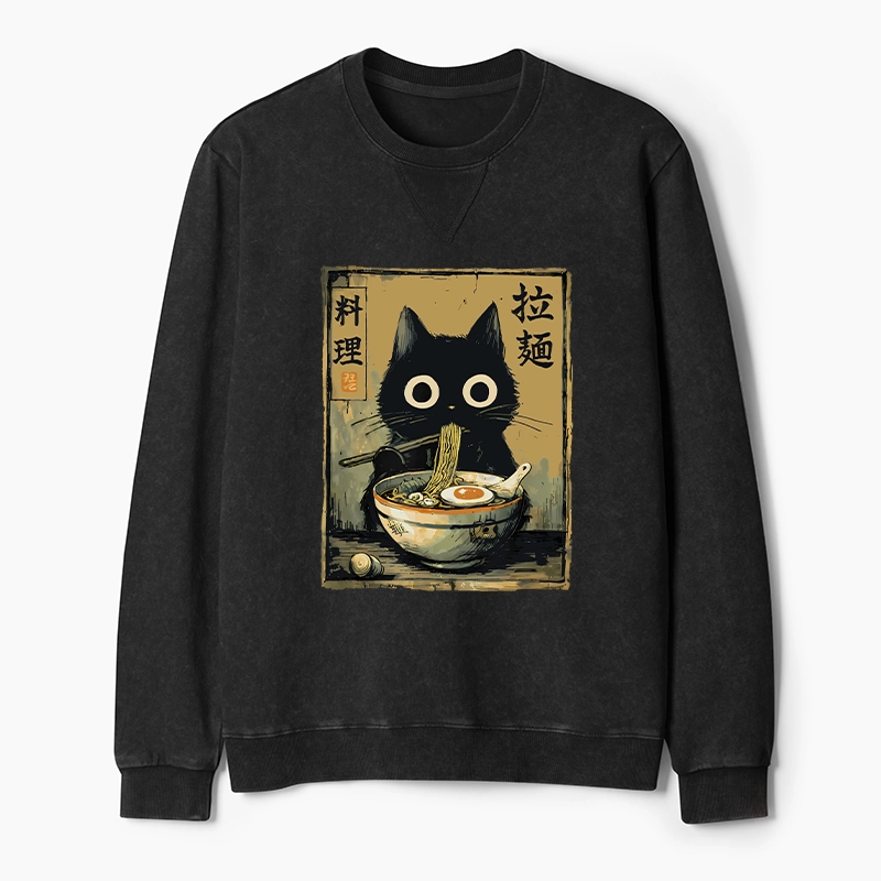 Tokyo-Tiger Cute Black Cat Eating Ramen Japan Washed Terry Sweatshirt
