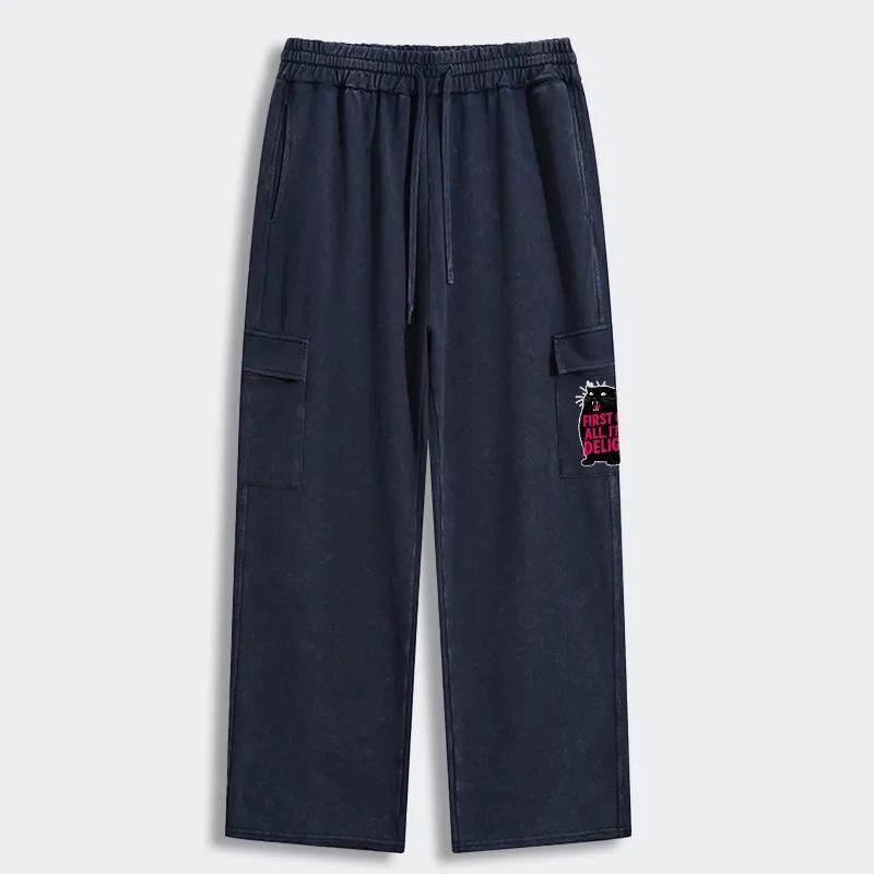 Tokyo-Tiger Roaring Black Cat Washed Utility Sweatpants