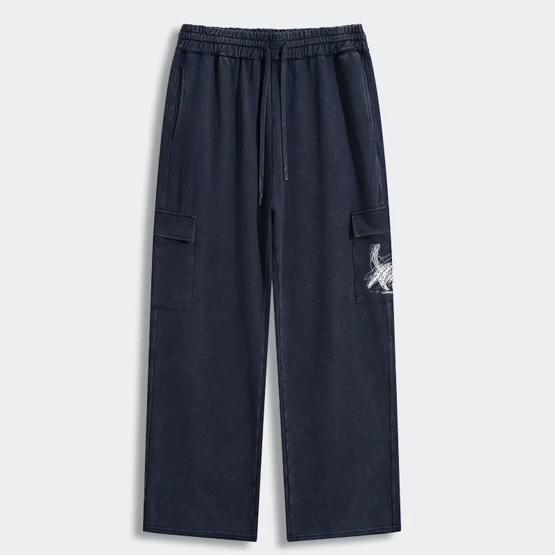 Tokyo-Tiger Minimalist Cat Art Washed Utility Sweatpants
