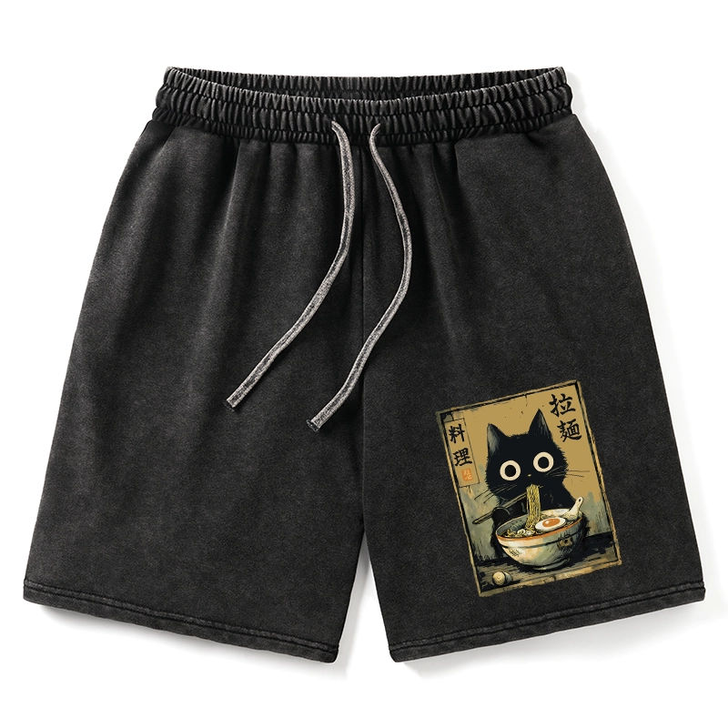 Tokyo-Tiger Cute Black Cat Eating Ramen Japan Washed Shorts