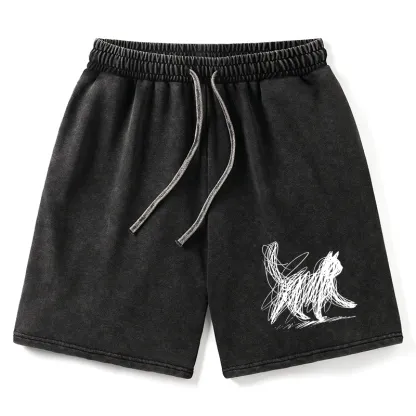 Tokyo-Tiger Minimalist Cat Art Washed Shorts