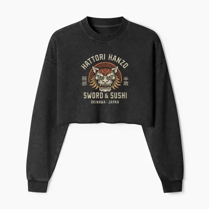 Tokyo-Tiger Hattori Lion Japanese Samurai Washed Crop Sweatshirt