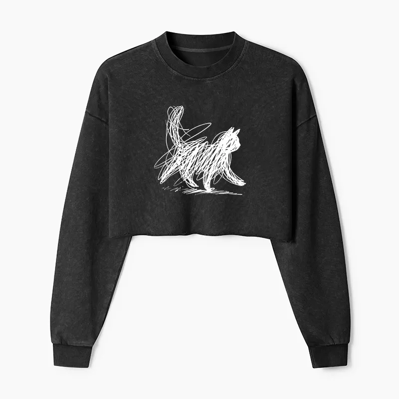Tokyo-Tiger Minimalist Cat Art Washed Crop Sweatshirt