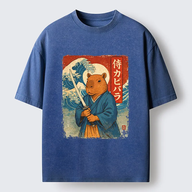 Tokyo-Tiger Capybara Japanese Samurai And Wave Washed T-Shirt