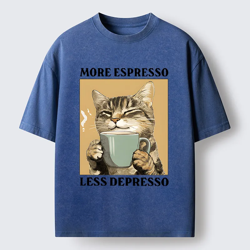 Tokyo-Tiger Cute Cat Drinking Coffee Washed T-Shirt