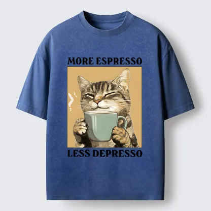 Tokyo-Tiger Cute Cat Drinking Coffee Washed T-Shirt