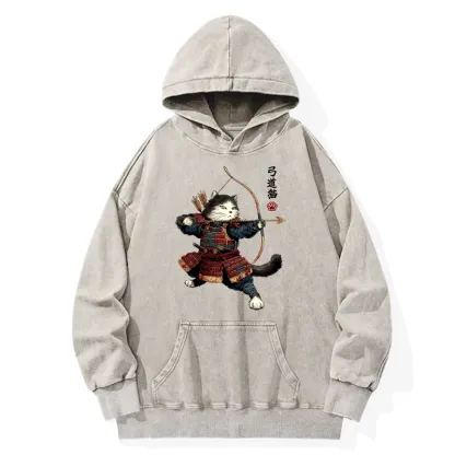 Tokyo-Tiger Kyudo Samurai Cat Washed Hoodie