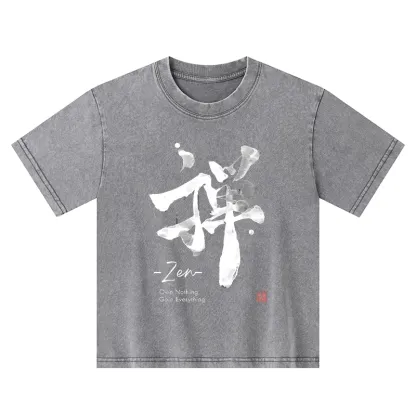 Tokyo-Tiger Zen Texts Kids Washed T-Shirt
