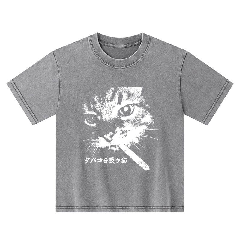 Tokyo-Tiger Retro Cat Smoking Kids Washed T-Shirt
