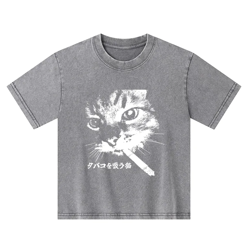 Tokyo-Tiger Retro Cat Smoking Kids Washed T-Shirt