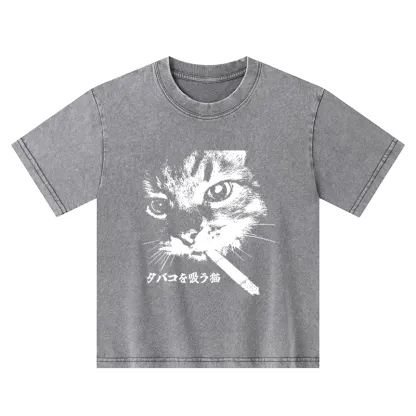 Tokyo-Tiger Retro Cat Smoking Kids Washed T-Shirt