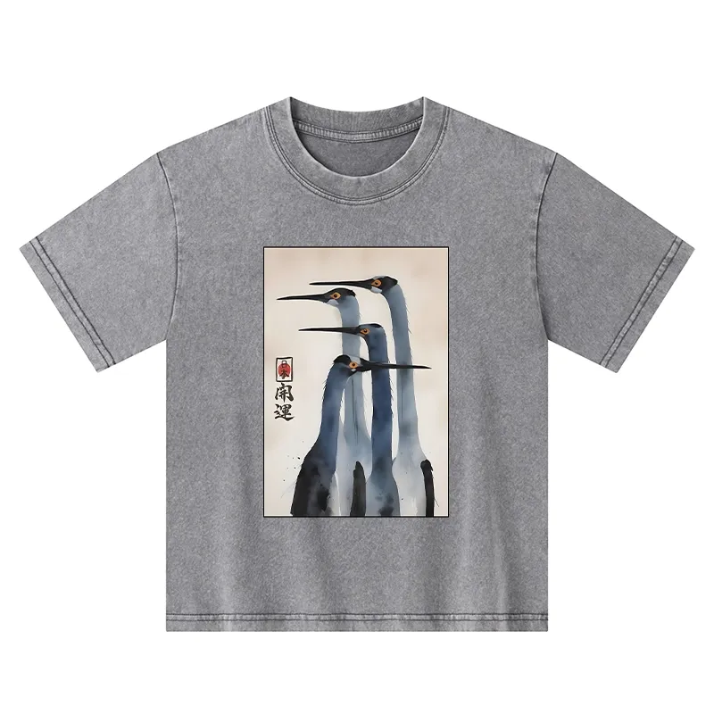 Tokyo-Tiger Retro Sandhill Crane Kids Washed T-Shirt