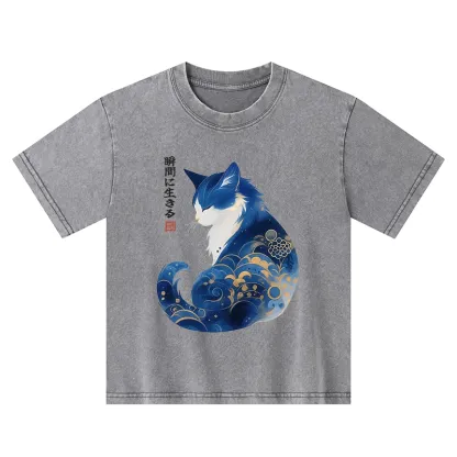 Tokyo-Tiger Retro Zen Cat: Living the Present Kids Washed T-Shirt