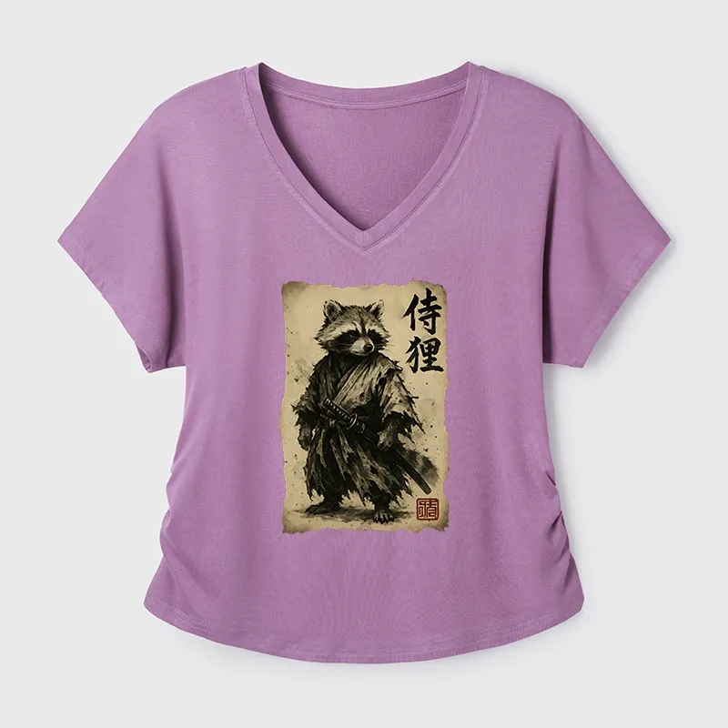 Tokyo-Tiger Retro Raccoon Samurai Modal Dolman Sleeve T-Shirt