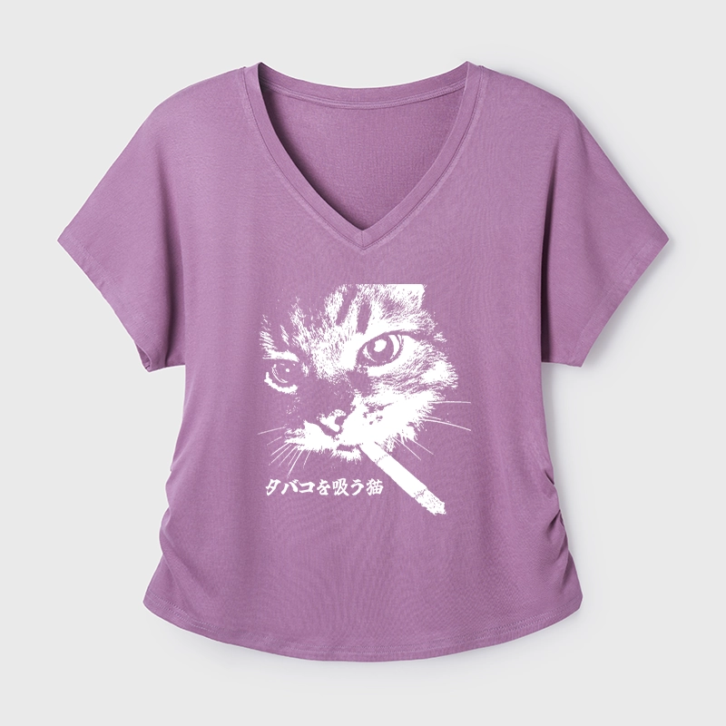 Tokyo-Tiger Retro Cat Smoking Modal Dolman Sleeve T-Shirt