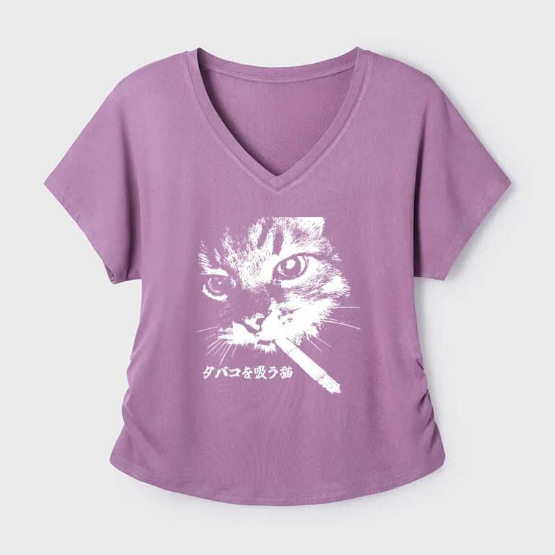 Tokyo-Tiger Retro Cat Smoking Modal Dolman Sleeve T-Shirt
