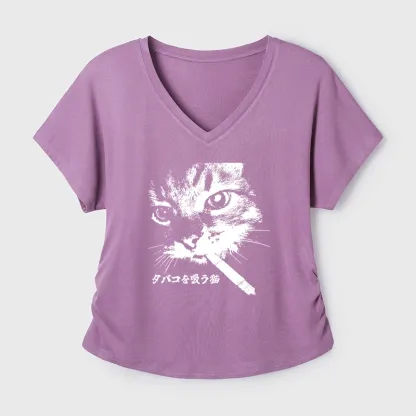 Tokyo-Tiger Retro Cat Smoking Modal Dolman Sleeve T-Shirt