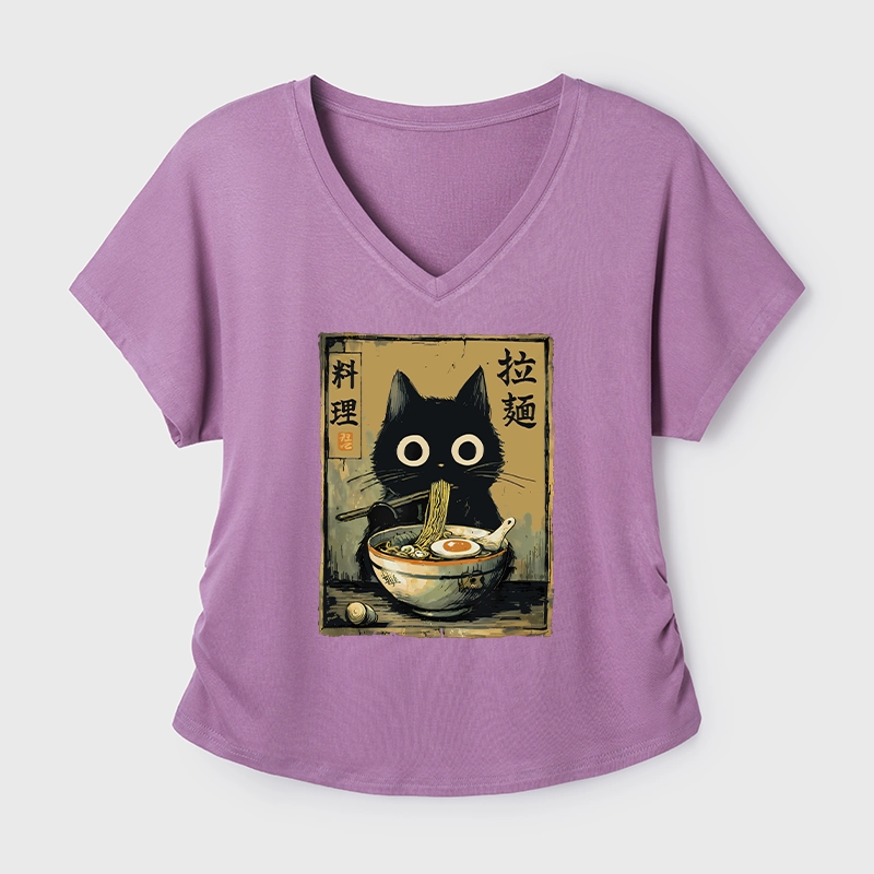 Tokyo-Tiger Cute Black Cat Eating Ramen Japan Modal Dolman Sleeve T-Shirt