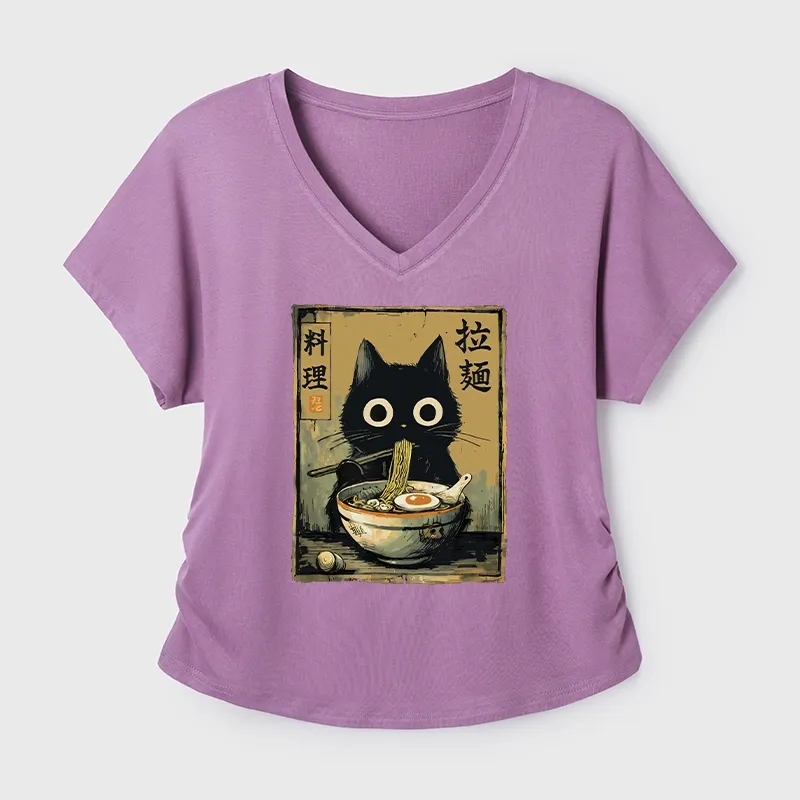 Tokyo-Tiger Cute Black Cat Eating Ramen Japan Modal Dolman Sleeve T-Shirt