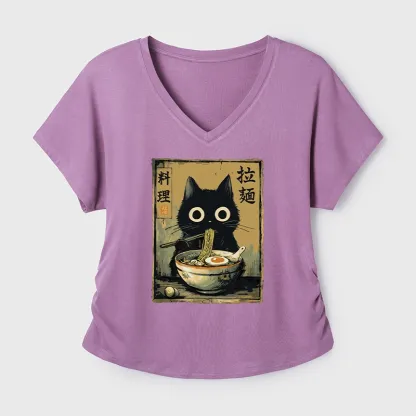 Tokyo-Tiger Cute Black Cat Eating Ramen Japan Modal Dolman Sleeve T-Shirt