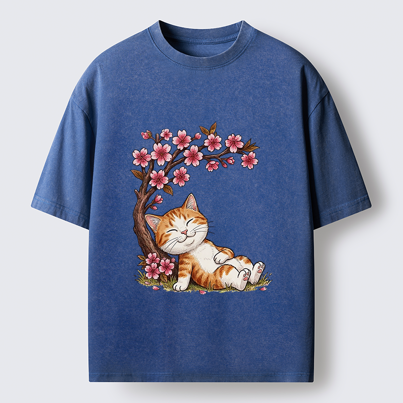 Tokyo-Tiger Cat Sleeps Under Sakura Washed T-Shirt
