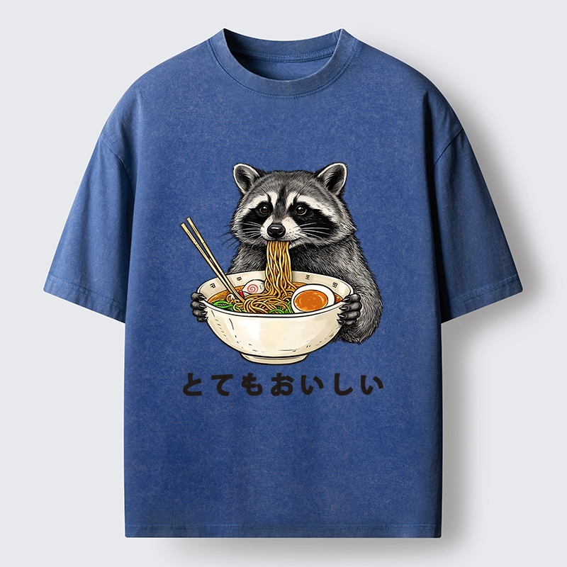Tokyo-Tiger Raccoon Eating A Big Bowl Of Ramen Washed T-Shirt