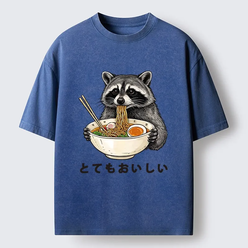 Tokyo-Tiger Raccoon Eating A Big Bowl Of Ramen Washed T-Shirt
