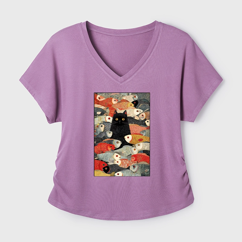 Tokyo-Tiger Cats And Fish Dolman Sleeve T-Shirt