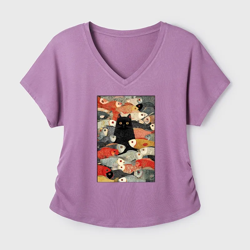 Tokyo-Tiger Cats And Fish Dolman Sleeve T-Shirt Sale