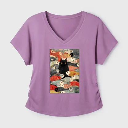 Tokyo-Tiger Cats And Fish Dolman Sleeve T-Shirt