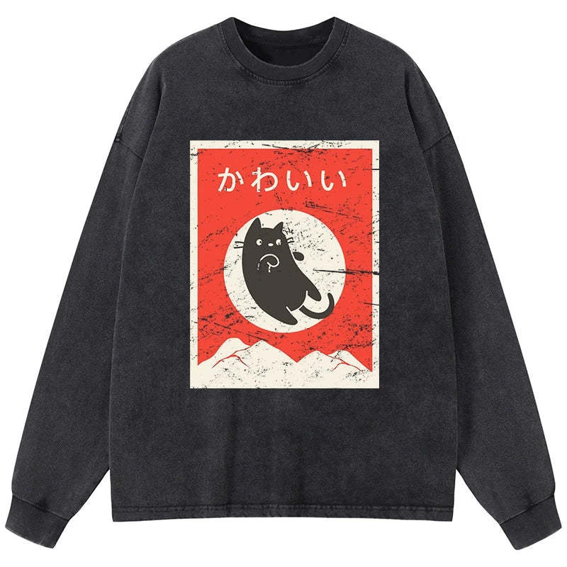 Tokyo-Tiger Cute Black Cat Japanese Washed Long Sleeve T-Shirt Sale