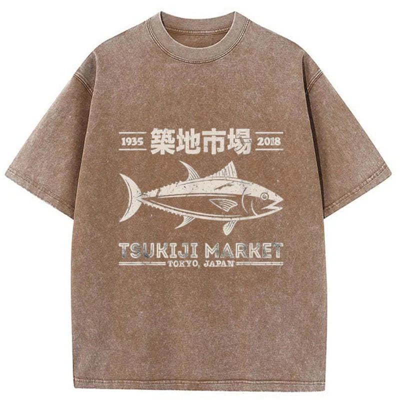 Tokyo-Tiger Retro Tsukiji Fish Market Streetwear Tokyo Washed T-Shirt