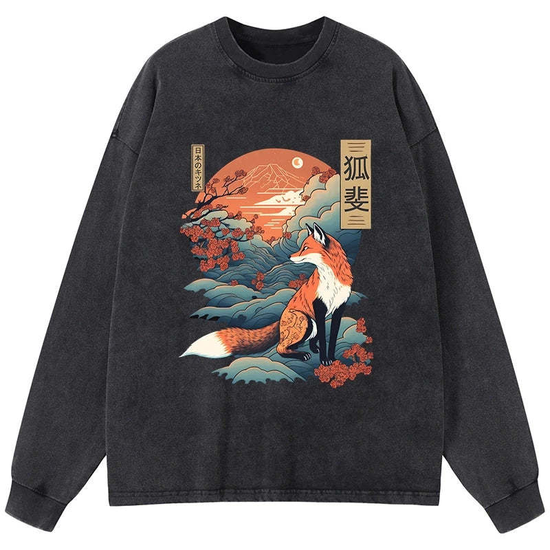 Tokyo-Tiger Japanese Kitsune Fox Sakura Washed Long Sleeve T-Shirt Sale