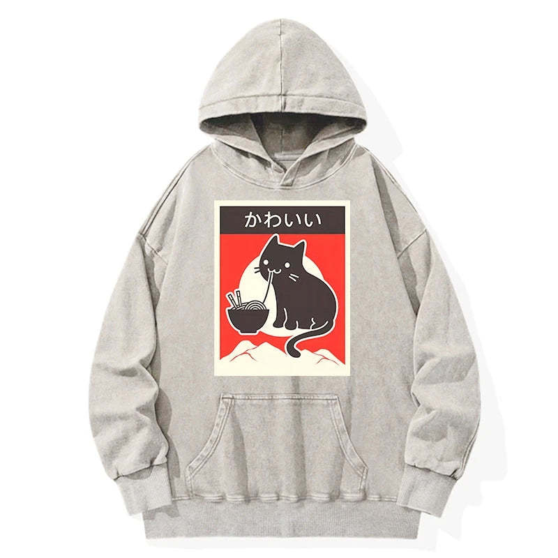 Tokyo-Tiger Kawaii Vintage Ramen Cat Washed Hoodie